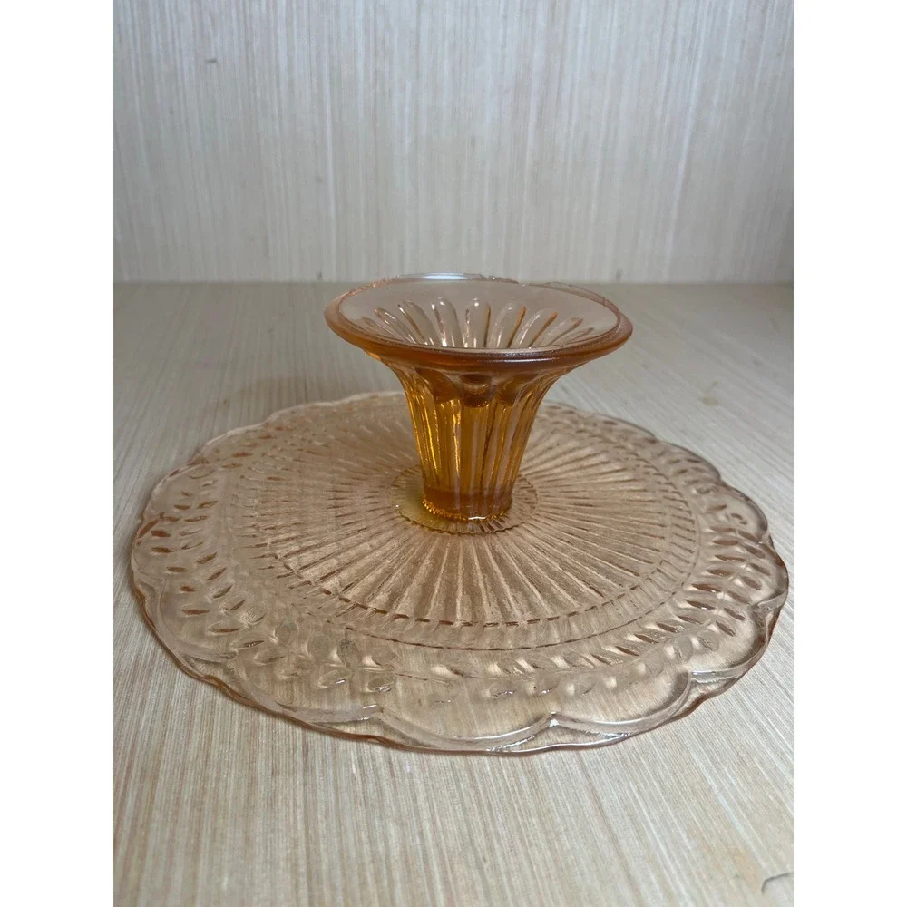 Vintage Pink Depression Glass Cake Stand Laurel Leaf Embossed Pedestal Stand